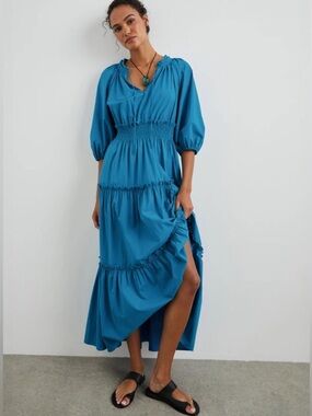RAILS caterine maxi dress teal turkish tile tiered puff sleeve smocked size S